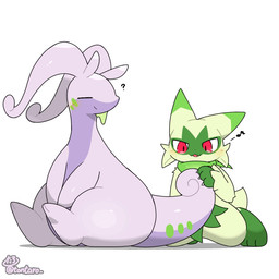 ambiguous_anthro ambiguous_gender anthro blush cheek_tuft claws curled_tail dipstick_ears duo ear_markings eyes_closed facial_tuft feet fur gloves_(marking) green_body green_fur green_tail kemono kneeling leg_markings markings multicolored_ears musical_note musical_symbol pawpads paws pink_pawpads playing_with_tail purple_body purple_tail question_mark red_eyes short_tail simple_background sitting size_difference socks_(marking) symbol tail tail_motion tailwag thick_thighs tongue tuft white_background white_claws wide_hips tontaro mythology nintendo pokemon dragon felid feline floragato generation_6_pokemon generation_9_pokemon goodra mammal mythological_creature mythological_scalie pokemon_(species) scalie 1:1 2024 2d_animation animated frame_by_frame loop signature watermark