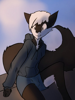 anthro bottomwear clothed clothing fur hair hoodie male outside shorts simple_background sitting sky smile solo tail topwear nikita_vulpes nikki_(nikita_vulpes) canid canine fox mammal absurd_res digital_media_(artwork) hi_res