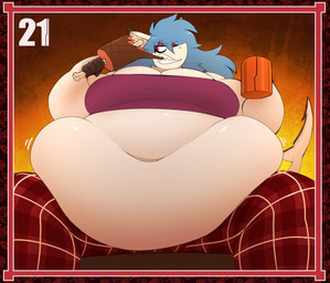 anthro belly belly_overhang belly_rolls big_belly big_breasts bottomwear breasts cleavage clothed clothing deep_navel eating eating_food emanata fat_arms fat_rolls female ham_(food) huge_belly huge_breasts huge_thighs midriff navel obese obese_female overweight overweight_female pajamas pants pattern_bottomwear pattern_clothing pattern_pants plaid plaid_bottomwear plaid_clothing plaid_pants shark_tail sharp_teeth solo stuffing teeth thick_thighs wide_hips thorstone ripley_(thorstone) aquatic fish shark hi_res
