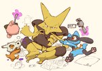 alakazam ambiguous_gender anthro biped bone cubone cutlery dahecksajerry generation_1_pokemon generation_4_pokemon group kitchen_utensils nintendo pawpads pillow pokemon pokemon_(species) riolu size_difference skull spoon telekinesis tools young young_ambiguous young_anthro