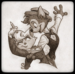 anthro bow_tie clothing coat collared_shirt dark_body dark_fur dress_shirt duo female fur hair holding_another holding_object light_body light_fur looking_at_another male narrowed_eyes open_mouth pencil_(object) pointy_ears pork_pie_hat shirt short_hair simple_background smile snout topwear tuxedo_vest leviticusr cats_don't_dance warner_brothers danny_(cats_don't_dance) sawyer_(cats_don't_dance) domestic_cat felid feline felis mammal portrait traditional_media_(artwork)