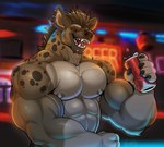 abs anthro beverage blurred_background chin_piercing ear_piercing eyes_closed holding_beverage holding_object male muscular muscular_male nipples open_mouth pecs piercing solo vexedlupine trystan_(dissimulated) hyena mammal spotted_hyena 2023 hi_res