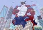 body_size_growth bulge canid canine city city_destruction clothing fox growth hyper ilia_(character) iliakitsune macro male mammal muscle_growth muscular outgrowing_clothes size_transformation snow snowing torn_clothing transformation underwear