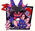 anthro black_hair bow_tie breaking_the_fourth_wall breasts claws cleavage clothed clothing empty_eyes female hair long_hair multicolored_body outline reaching_towards_viewer red_claws red_eyes solo through_screen nelljoestar nintendo pokemon eternatus generation_8_pokemon legendary_pokemon pokemon_(species) digital_media_(artwork)