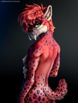 anthro big_fangs blue_spots breasts claws fangs feline_ears feline_tail female fur hair hair_over_eye looking_at_viewer looking_back lynx_tail nipples nude one_eye_obstructed pupils red_body red_fur red_hair short_hair slit_pupils solo spots teeth text white_body white_fur yellow_eyes dead.akira domestic_cat felid feline felis jaguar leopard leopard_cat lynx mammal pantherine prionailurus 3:4 digital_media_(artwork) hi_res url