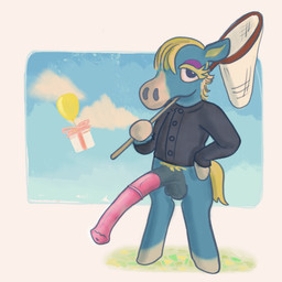animal_genitalia animal_penis anthro balloon balls big_penis bug_net casual_exposure disproportionate_genitalia equine_genitalia equine_penis eyeshadow genitals hair hair_over_eye half-erect hand_on_hip huge_penis inflatable long_penis looking_at_viewer makeup male penis solo yearofthesnitch animal_crossing nintendo ed_(animal_crossing) equid equine horse mammal absurd_res hi_res