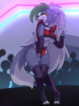 anthro arm_warmers armor armwear audience belt black_nose bottomwear bracelet breasts chest_tuft claws clothing collar countershade_face countershade_neck countershade_torso countershading crop_top digitigrade dipstick_tail eyeshadow facial_markings female finger_claws fingerless_(marking) fur gesture green_claws green_eyeshadow green_hair green_lips grey_body grey_fur group hair hand_between_legs hand_gesture head_markings hotpants jewelry knock-kneed leg_warmers legwear lips long_hair makeup markings navel pauldron shirt shorts smile solo_focus spiked_belt spiked_bracelet spiked_collar spikes tail tail_markings toe_claws toeless_legwear toeless_stockings topwear tuft under_boob v_sign white_hair yellow_eyes novasuperstar five_nights_at_freddy's five_nights_at_freddy's:_security_breach scottgames steel_wool_studios roxanne_wolf canid canine canis mammal wolf 2021 3:4 absurd_res hi_res