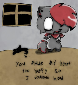 ambiguous_gender anthro blood blood_in_mouth blood_on_floor bodily_fluids chibi ear_piercing facial_piercing gesture hand_gesture industrial_piercing lip_piercing no_pupils piercing pointing snakebite_piercing solo text v3sterp0nk pon_and_zi cody_doom_n_gloom_(v3sterp0nk) canid canine canis gloomdog mammal wolf english_text hatching_(art) hi_res shaded