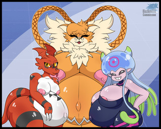 amber_eyes anthro areola belly big_belly big_breasts big_butt black_body black_border black_eyes black_sclera border bottom_heavy breasts butt clothed clothing eyes_closed fangs female fur group head_wings huge_belly huge_breasts huge_butt humanoid_pointy_ears looking_at_viewer mane markings multicolored_body multicolored_fur neck_tuft nipples nude open_mouth orange_body orange_fur pink_areola pink_body pink_nipples pink_skin pointy_ears pregnant pregnant_anthro pregnant_female pregnant_humanoid pseudo_hair red_body shortstack simple_background skinsuit smile smiling_at_viewer tan_body tan_fur teeth tentacle_hair tentacles thick_thighs tight_clothing tongue tongue_out trio tuft unusual_wing_placement white_body wide_hips wings blazkenzxy bandai_namco digimon animal_humanoid aquatic aquatic_humanoid cnidarian cnidarian_humanoid digimon_(species) domestic_cat felid feline felis guilmon humanoid jellyfish jellyfish_humanoid jellymon maine_coon mammal medusozoan medusozoan_humanoid meicrackmon meicrackmon_normal_mode scalie 2025 absurd_res digital_drawing_(artwork) digital_media_(artwork) hi_res signature