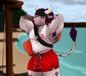 anthro armpit_hair biped bodily_fluids body_hair bulge happy_trail horn lifeguard male male_anthro muscular muscular_anthro muscular_male musk nipple_outline pecs sea smile solo sweat sweat_stain sweaty_armpit sweaty_crotch water whistle_(object) violet_raven raven_(violet_raven) bovid bovine cattle mammal 2024 absurd_res hi_res