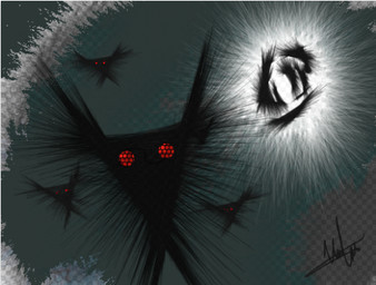 abstract_background ambiguous_gender black_body checkered checkered_background compound_eyes feathers flying not_furry pattern_background red_eyes simple_background solo soul sun teal_background mikaello demon monster 2013 low_res signature