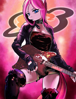 anthro anthrofied blue_eyes breasts cleavage clothed clothing collar electric_guitar female fingerless_gloves gloves guitar hair handwear jacket legwear looking_at_viewer musical_instrument pink_hair playing_guitar playing_music plucked_string_instrument shirt solo stockings straight_hair string_instrument topwear d-lowell fender_musical_instruments_corporation fender_swinger friendship_is_magic hasbro my_little_pony pinkamena_(mlp) pinkie_pie_(mlp) earth_pony equid equine horse mammal pony 2013 hi_res