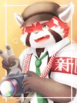 anthro biped black_body black_nose camera clothing cute_fangs fangs hat headgear headwear heart_symbol humanoid_hands kemono necktie one_eye_closed red_body shirt solo suspenders teeth topwear white_body wink sora_idiotka lifewonders tokyo_afterschool_summoners zhurong_(tas) ailurid mammal red_panda 2021 3:4