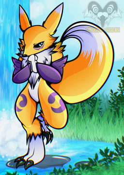 ambiguous_gender anthro big_tail grass looking_at_viewer meditation nature nature_background one_eye_closed outside plant solo tail water waterfall smidgenofpigeon_(artist) bandai_namco digimon digimon_(species) renamon absurd_res hi_res