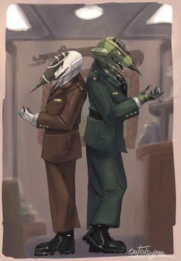 aircraft airplane anthro boots bottomwear camo camo_body claws clothed clothing cockpit duo fin footwear green_body machine male metallic_body military military_uniform not_furry open_mouth pants shirt shoes standing teeth topwear uniform vehicle white_body yellow_eyes outoldyard aeromorph living_aircraft living_machine living_vehicle digital_media_(artwork) hi_res