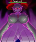 ambiguous_gender big_breasts breasts butt butt_from_the_front duo dynamax dynamax_clouds eyelashes featureless_breasts featureless_crotch female front_view glowing glowing_eyes green_body green_hair hair huge_breasts larger_female macro nipple_outline red_eyes size_difference text thick_thighs white_body wide_hips da_ra_ra_ra nintendo pokemon alpha_pokemon dynamax_pokemon gardevoir generation_3_pokemon human humanoid mammal pokemon_(species) absurd_res hi_res