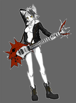 anthro black_hair breasts electric_guitar female guitar hair musical_instrument playing_guitar playing_music plucked_string_instrument solo string_instrument yellow_eyes dendouokame domestic_cat felid feline felis mammal
