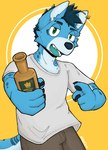 anthro biped blue_body blue_fur clothing ear_piercing ear_ring fur green_eyes holding_alcohol industrial_piercing looking_at_viewer male piercing ring_piercing shirt slim_anthro slim_male solo topwear white_clothing white_shirt white_topwear niochi10 hyena mammal 2024 hi_res