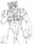 2011 american_football animal_genitalia anthro ball balls biped blotch bottomless clothed clothing detached_sheath devlin_miski erection eye_black felid front_view genitals greyscale gridiron_ball hi_res holding_ball holding_object kyell_gold looking_at_viewer male mammal monochrome out_of_position pantherine penile_spines penis sheath simple_background solo sport standing tail tiger urethra white_background