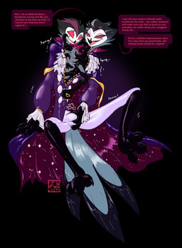 anthro beak black_background bulge cape clothed clothing corruption dialogue duo feathers feet glistening hypnosis latex latex_clothing latex_skinsuit male male/male mind_control null_bulge red_eyes simple_background skinsuit speech_bubble suit text tight_clothing toes transformation d682 hellaverse helluva_boss stolas_(helluva_boss) avian bird demon owl owl_demon digital_drawing_(artwork) digital_media_(artwork) english_text hi_res