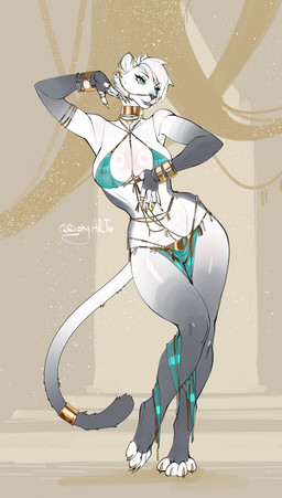4_toes 5_fingers abstract_background accessory anthro areola armband big_breasts biped blue_eyes bottomwear bracelet breasts chain_piercing choker claws cloak clothed clothed_anthro clothed_female clothing dancing digitigrade dipstick_tail facial_chain_piercing facial_piercing feet female fingers front_view fur furgonomics glistening glistening_body glistening_fur gold_(metal) gold_accessory gold_bracelet gold_jewelry gold_makeup gold_mascara golden_claws green_clothing grey_arms grey_legs grey_tail_tip hair inner_ear_fluff jewelry linked_piercing loincloth makeup markings mascara multicolored_body multicolored_fur necklace nipple_outline nipples nose_chain nose_piercing on_one_leg piercing ring ring_(jewelry) short_hair skimpy skimpy_topwear small_waist solo standing tail tail_accessory tail_jewelry tail_markings tail_ring tassels teeth toes tuft white_body white_fingers white_fur white_hair white_tail white_toes qrichy nyla_(ndwolfy) felid feline mammal 2026 absurd_res colored digital_drawing_(artwork) digital_media_(artwork) hi_res signature