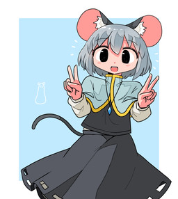 black_bottomwear black_clothing black_skirt black_topwear black_vest blue_capelet blue_clothing bottomwear capelet clothed clothed_female clothed_humanoid clothing double_v_sign female gesture grey_hair hair hand_gesture inner_ear_fluff jewelry necklace open_mouth open_smile shirt simple_background skirt smile solo tail topwear tuft v_sign vest white_clothing white_shirt white_sleeves white_topwear kasuya_baian touhou nazrin animal_humanoid humanoid mammal mammal_humanoid mouse_humanoid murid murid_humanoid murine murine_humanoid rodent rodent_humanoid absurd_res hi_res