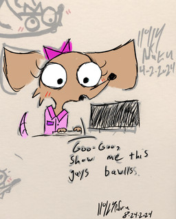 accessory anthro blush bow_ribbon brown_body brown_fur clothing eyelashes fur hair_accessory hair_bow hair_ribbon keyboard pink_bow pink_clothing pink_shirt pink_topwear ribbons screen shirt text topwear paruku hart-dannon_daniels mammal murid murine rat rodent english_text hi_res