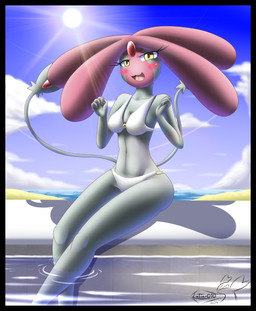 2_tails alternate_species bikini black_border blush border bra breasts clothing cloud eyelashes female gem grey_body grey_skin hair humanoidized looking_at_viewer multi_tail navel not_furry outside pink_body pink_skin pokemorph sky solo sun swimwear tail tongue two-piece_swimsuit underwear water wide_hips yellow_eyes latiar nintendo pokemon generation_4_pokemon humanoid legendary_pokemon mesprit pokemon_(species) 2014 hi_res