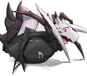 black_body bodily_fluids claws cum cum_in_vagina cum_inside cum_on_ground cum_string female feral genital_fluids genitals looking_at_self multi_eye multi_leg multi_limb open_mouth purple_eyes simple_background sitting solo spikes spikes_(anatomy) spinneret vulva white_background white_body noodlestoat so_i'm_a_spider_so_what? kumoko arachnid arthropod spider hi_res