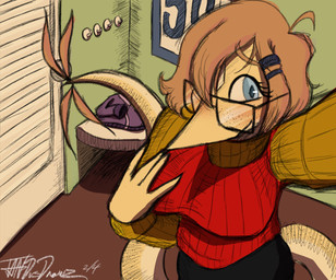 anthro big_breasts blue_eyes breasts brown_hair clothing detailed_background eyelashes eyewear female freckled_face freckled_tail freckles glasses hair hair_over_eye inside long_tail looking_at_viewer multicolored_body multicolored_scales rectangular_glasses red_clothing red_sweater red_topwear scales selfie short_hair smile snout solo sweater tail tail_tuft text topwear tuft two_tone_body two_tone_scales yellow_body yellow_scales joebamna cavemanon_studios snoot_game fan_character hermione_(yeik_art) dinosaur prehistoric_species reptile saurischian scalie theropod troodon troodontid 2026 artist_name digital_drawing_(artwork) digital_media_(artwork) hi_res signature