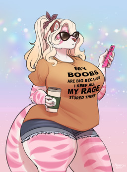 5_fingers anthro beverage big_breasts blonde_hair breasts cellphone clothed clothing curvy_figure electronics eyewear female fingers fur hair huge_breasts multicolored_body multicolored_fur phone pink_body pink_fur ponytail smartphone solo standing striped_body striped_fur stripes sunglasses text thick_thighs two_tone_body two_tone_fur voluptuous white_body white_fur wide_hips tiggybloom marzipan_(tiggybloom) felid mammal pantherine tiger 2025 english_text hi_res portrait signature three-quarter_portrait