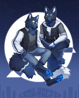 anthro black_clothing black_jacket black_nose black_topwear blue_body blue_bottomwear blue_claws blue_clothing blue_ears blue_eyes blue_fur blue_pants blue_pawpads bottomwear cheek_tuft claws closed_smile clothed clothing denim denim_bottomwear denim_clothing duo facial_tuft fur glistening glistening_eyes grey_clothing grey_topwear hand_in_pocket head_tuft jacket jeans looking_at_viewer male moon mouth_closed neck_tuft pants pawpads pockets sitting smile topwear tuft unsigned white_clothing white_inner_ear white_jacket white_topwear yellow_sclera asnnonaka crow_(asnnonaka) magpie_(asnnonaka) canid canine canis mammal wolf alternate_version_at_source hi_res