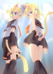 accessory alternative_fashion blonde_hair blue_eyes duo female hair hair_accessory hairclip j-fashion looking_back male parallel_clips short_hair tail young young_female young_humanoid young_male punchiki vocaloid kagamine_len kagamine_rin animal_humanoid cat_humanoid felid felid_humanoid feline feline_humanoid humanoid mammal mammal_humanoid