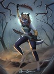 anthro armor background_smoke clothed clothing detailed_background fangs feet female fingers hair holding_object holding_weapon medieval medieval_clothing melee_weapon moon solo standing sword teeth topwear weapon jakeseeker canid canine canis domestic_dog mammal absurd_res digital_media_(artwork) hi_res