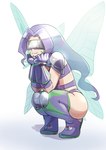 big_butt butt clothing covered_eyes female hair hands_on_chin handwear high_boots insect_wings legwear long_hair markings pink_clothing purple_hair simple_background sitting smile solo underwear visor white_background wings hase_popopo bandai_namco digimon digimon_frontier digimon_(species) fairy humanoid kazemon absurd_res hi_res