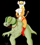 ambiguous_gender anthro black_background blonde_hair blue_eyes breasts bridle claws clothing duo female feral footwear fur garter_straps green_body green_scales hair looking_at_viewer mostly_nude nipples orange_body orange_fur pink_nose reins riding scales simple_background socks furgeta brandi_(furgeta) dinosaur mammal mouse murid murine prehistoric_species reptile rodent scalie 2001