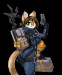 anthro backpack breasts butt butt_pose clothed clothing cosplay female gun hair handgun holding_object holding_weapon jumpsuit looking_at_viewer looking_back machine odradek open_mouth ponytail pose ranged_weapon simple_background solo straps tail tight_clothing transparent_background weapon limebreaker death_stranding helia_peppercats domestic_cat felid feline felis mammal robot 2019 5:6 absurd_res alpha_channel digital_media_(artwork) hi_res