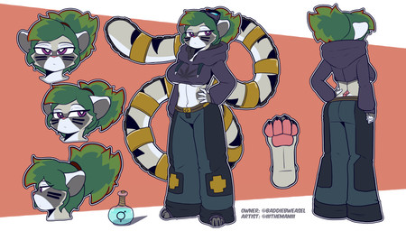 4_toes 5_fingers anthro biped bottomwear breasts brown_body brown_fur brown_tail butt claws clothed clothed_anthro clothed_female clothing countershade_torso countershading feet female fingers fully_clothed fully_clothed_anthro fully_clothed_female fur green_hair hair hand_on_hip markings navel pawpads paws purple_eyes solo standing striped_body striped_fur striped_markings striped_tail stripes tail tail_markings toe_claws toes topwear the_man mammal mustelid musteline true_musteline weasel 2025 absurd_res digital_drawing_(artwork) digital_media_(artwork) hi_res model_sheet