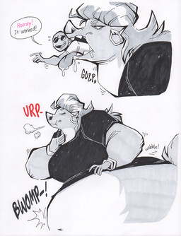 anthro belly big_belly black_clothing black_shirt black_topwear clothing duo female larger_female male oral_vore overweight shirt simple_background size_difference text topwear vore white_background d._e._belton anon monroe_(d.e.belton) human mammal 2016