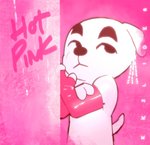 anthro armwear black_nose clothing hot_pink looking_at_viewer male parody solo white_body erinnlucass animal_crossing doja_cat hot_pink_(album) k.k._slider_album_redraw nintendo k.k._slider canid canine canis domestic_dog mammal album_cover cover hi_res meme