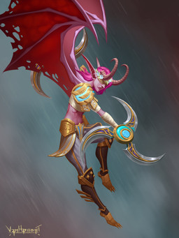 armor blindfold bottomwear clothing female flower_wreath flying gold_(metal) gold_armor hair holding_melee_weapon holding_object holding_weapon horn humanoid_pointy_ears melee_weapon membrane_(anatomy) membranous_wings not_furry pants pauldron pink_body pink_hair pointy_ears solo unconvincing_armor weapon wings vanharmontt demon_hunter_(warcraft) demon elf humanoid 2021 3:4 absurd_res digital_media_(artwork) hi_res