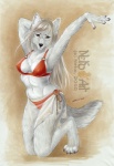 anthro bikini biped clothed clothing female kneeling navel raised_arm skimpy solo swimwear tail translucent translucent_clothing two-piece_swimsuit nekoart canid canine canis mammal wolf 2010 traditional_media_(artwork)