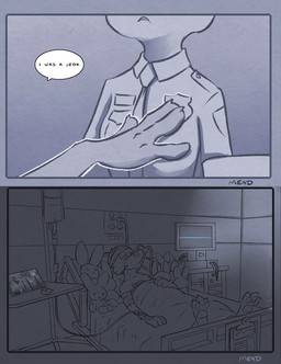 anthro bandage bed clothed clothing dialogue duo electronics female furniture male mask medical_instrument monitor oxygen_mask photo picture_frame plushie police police_uniform scientific_instrument simple_background speech_bubble text uniform rockbottomfeeder disney zootopia fan_character july_hopps_(mistermead) nick_wilde canid canine fox lagomorph leporid mammal rabbit red_fox true_fox 2016 comic english_text monochrome