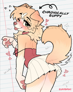 anthro blush bottomwear clothed clothed_anthro clothed_female clothing collar female floppy_ears fluffy fluffy_tail fully_clothed fully_clothed_anthro fully_clothed_female fur furgonomic_bottomwear furgonomics green_eyes heart_eyes heart_symbol looking_at_viewer looking_back looking_back_at_viewer pawpads shirt skirt solo tail tan_body tan_fur tank_top tongue tongue_out topwear jayrnski canid canine canis domestic_dog mammal 2025 4:5 hi_res