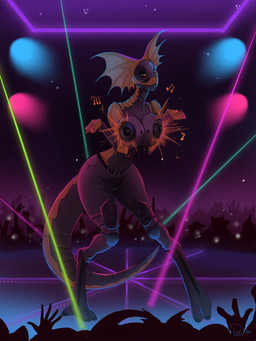 3_fingers 3_toes anthro audience bedroom_eyes biped black_and_orange boots bottomwear bouncing_breasts breast_squish breasts clothing crowd dance_floor detailed_background digitigrade exhibitionism feet female female_anthro fingers footwear frill_(anatomy) group knee_pads lights machine multicolored_body musical_note musical_symbol narrowed_eyes pants public screen screen_face seductive shoes smile snout solo_focus speaker squish symbol tactical_pants tail toes visor tyo_dem background_character mivi_(kebirb) robot scalie synth_(vader-san) 3:4 absurd_res digital_drawing_(artwork) digital_media_(artwork) hi_res signature watermark