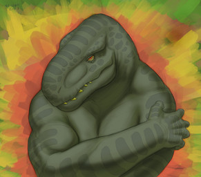 Rating: s
ID: 5749482
Date: 2025-08-01 15:51:38 -0400
Status: active
Score: 11
2023 abstract_background aduran anthro bust_portrait contiguous_snout dated dinosaur green_body green_eyes green_teeth hi_res male male_anthro mouth_closed multicolored_eyes muscular muscular_anthro muscular_male nude orange_eyes pecs portrait prehistoric_species red_eyes reptile scalie sharp_teeth signature solo teeth post #5749482