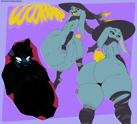 4_eyes after_vore anthro anthro_pred anthro_prey belly big_belly black_body black_clothing black_fur black_hair black_hat black_headwear black_legs burping butt clothing digestion duo fur hair hat headgear headwear inside_stomach internal leg_wraps male male/male multi_eye purple_background same_size_vore simple_background tail vore wraps yellow_tail bubblebnnuy limbus_company project_moon heishou_pack-mao_branch_(project_moon) zaya_(bleau) canid canine canis felid feline hybrid lagomorph leporid mammal rabbit wolf 2026 nonbinary_(lore)