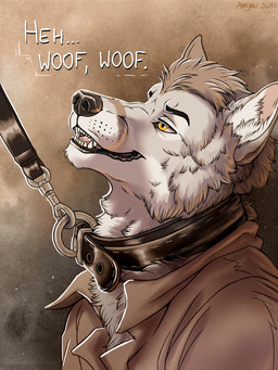 black_nose clothed clothing collar fur grey_body grey_fur inner_ear_fluff leash leash_pull looking_away neck_tuft offscreen_character offscreen_dominant open_clothing open_shirt open_topwear shirt simple_background teeth text textured_background tongue topwear tuft yellow_eyes marjani canid canine canis mammal wolf 2024 digital_drawing_(artwork) digital_media_(artwork) hi_res signature