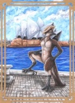 anthro australia biped brown_body brown_feathers building city clothing detailed_background feathers featureless_crotch female harbor hat headgear headwear looking_back nude outside pose sea sky solo standing sydney_opera_house water kirsch lizanne sydney avian bird lyrebird oscine passerine superb_lyrebird