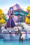 2020 4_toes 5_fingers anthro blue_eyes blue_hair canid canine clothed clothing day detailed_background digital_media_(artwork) duo feet felid feline fingers fox hair hi_res hihikori male mammal nude outside partially_submerged sky toes